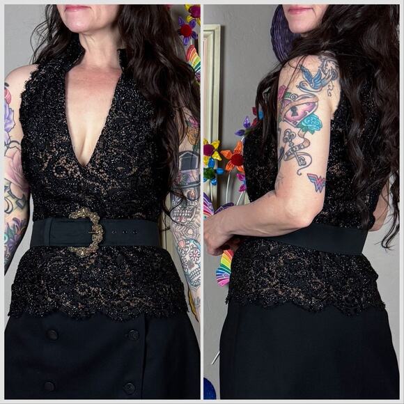 Vintage 1970s Black Floral Lace Overlay Sleeveless V-Neck Top - Picture 4 of 8